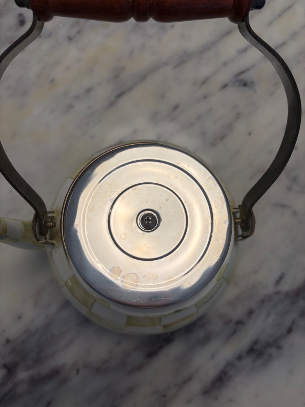 MacKenzie-Childs Parchment Check Tea Kettle | Wood Handle | Excellent Condition - Picture 6 of 6